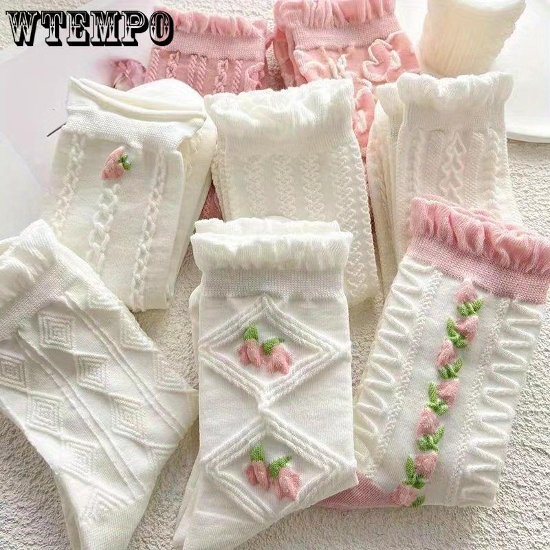 5 Pairs of Vibrant Floral Textured Socks - Soft, Ruffled Mid-Tube Design, Comfortable Women's Stockings & Hosiery for Everyday Wear - Cute Fashionable