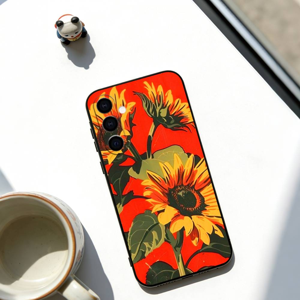 Sunflower Pattern Phone Case For Samsung Galaxy A73,A72,A71,A70,A53,A52,A51,Soft Black Cover