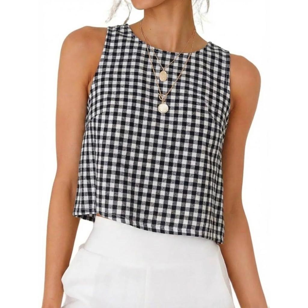 Women's Round Neck Sleeveless Gingham Blouse Straight Fit Casual Cropped Tank Top