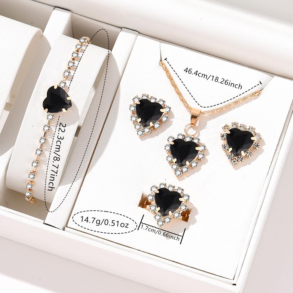 5 Piece Set Women Fashionable Creative Black Heart Shaped Crystal Pendant Collarbone Necklace Earrings Ring Bracelet Combination
