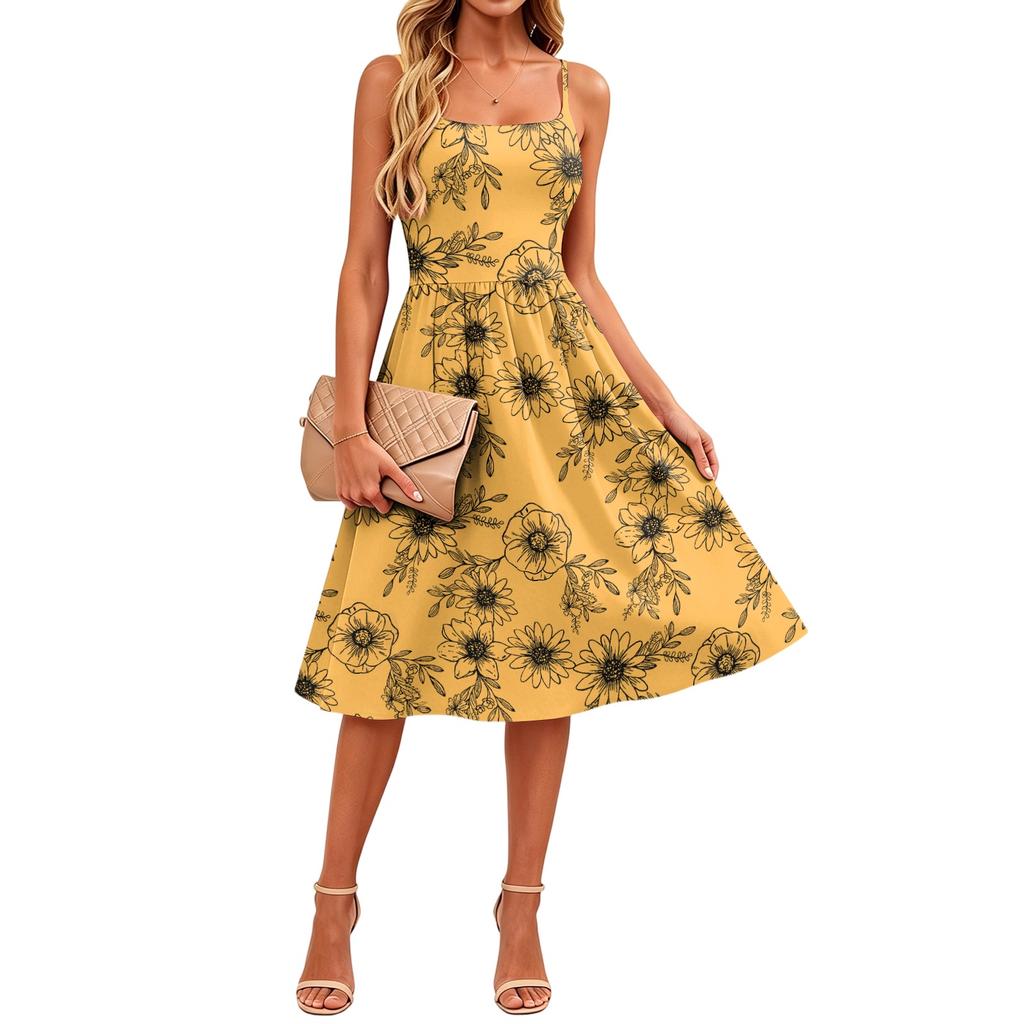 Women Sleeveless Adjustable Strap Midi Dress with Floral Print Pockets Casual A Line Sundress for Daily Wear