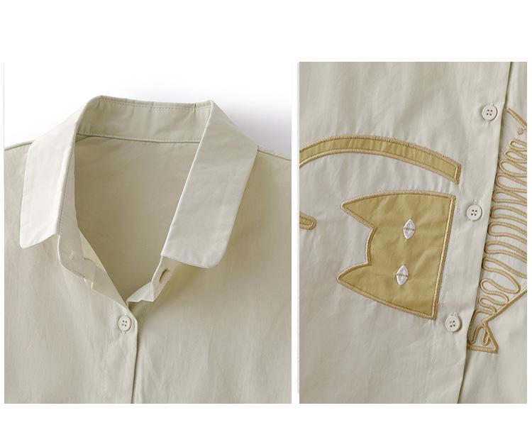 Damen besticktes Baumwollhemd - 2025 Frühher Herbst Lockerer Revers-Top, Altersminderndes Hübsches Langarm-Modedesign