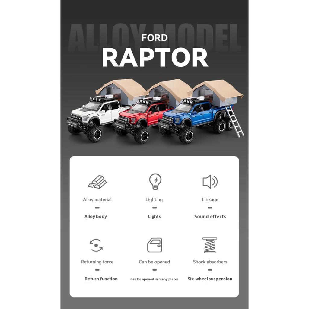 1/24 Scale  Ford F150 Camping RV Alloy Metal Diecast Off Road Pickup Truck Model Car Sound & Light Ornaments Gifts for Kid Boyfriend Present