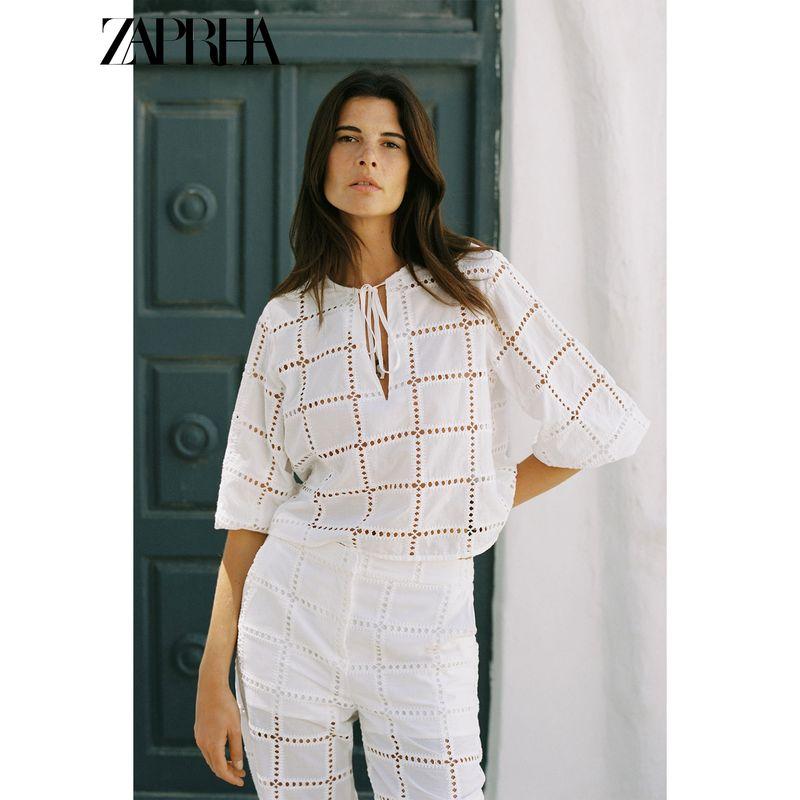 Zaprha 2025 Summer New Fashion Casual All-matching Hollow Embroidered Straight High Waist Trousers 8132716