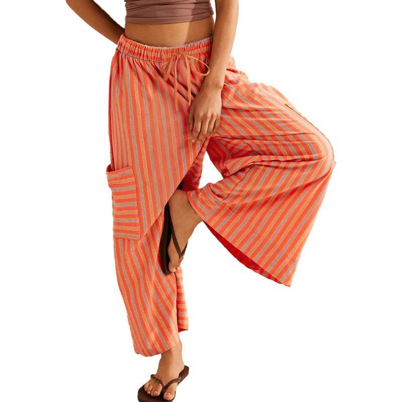 

Drawstring Striped High Waisted Pants Pure Color Drawstring Stripes High Waist Pants Orange M