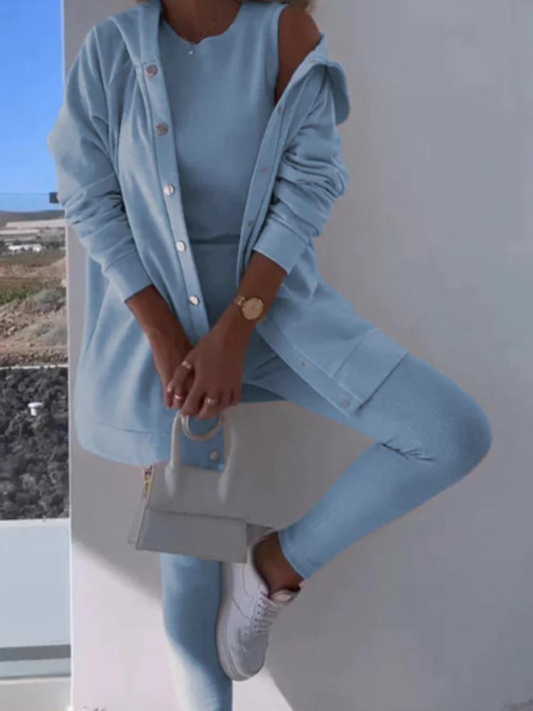 Damski Zestaw Kardigan z Kapturem z Topem Bez Rękawów i Legginsami, Strój Casual na Wiosnę i Lato