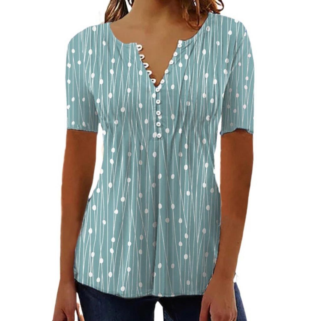 Spring Summer Women's V Neck Polka Dot Short Sleeve Shirt Casual Fashion Versatile Top for European American