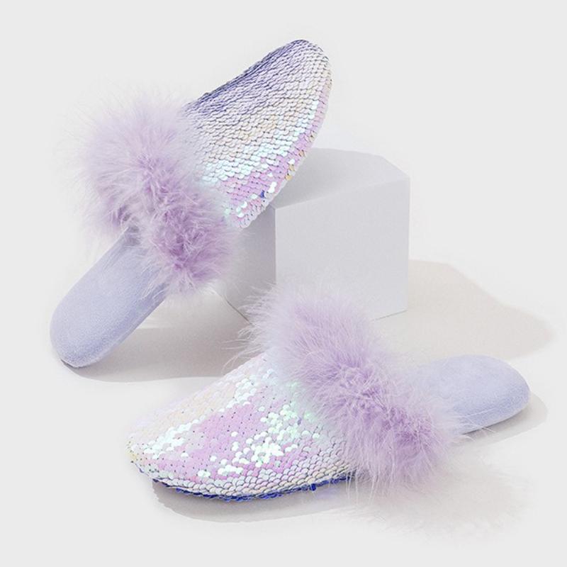 Fashion Luxury Sequins Feather Decoration Flat Slipper Women Cozy Fluffy Soft Bottom Home Slipper Fashion Brand Designer Cotton Slippers