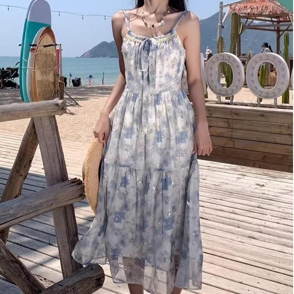 Coffee Break French Super Beautiful Floral Suspender Dress Women's Summer New Seaside Vacation Style Beautiful Long Dress