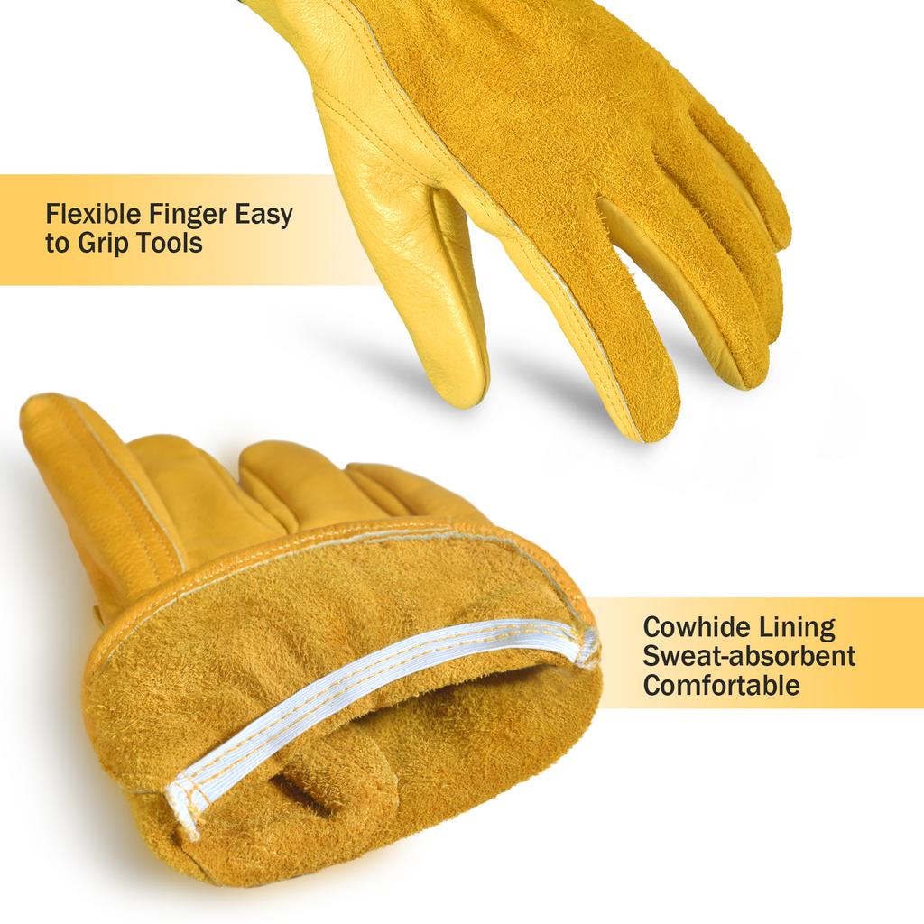 1pair Flex Grip Leather Work Gloves Stretchable Wrist Tough Cowhide Working Glove