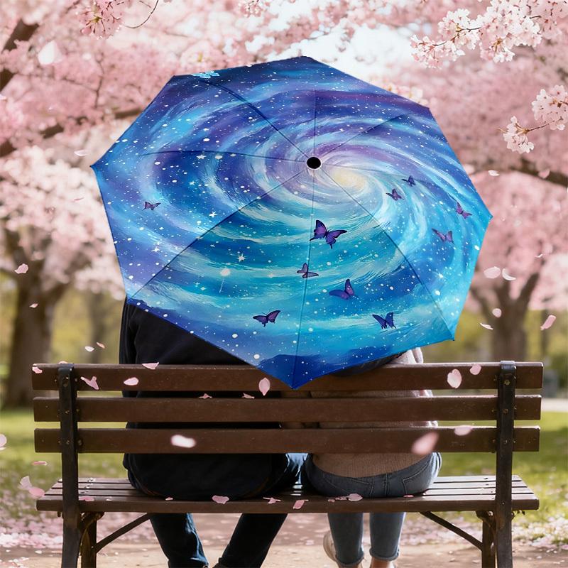 Starry Night Butterfly Sky Umbrella: A Magical Companion for Outdoor Adventures, Automatically Opens and Closes, Lightweight and Durable