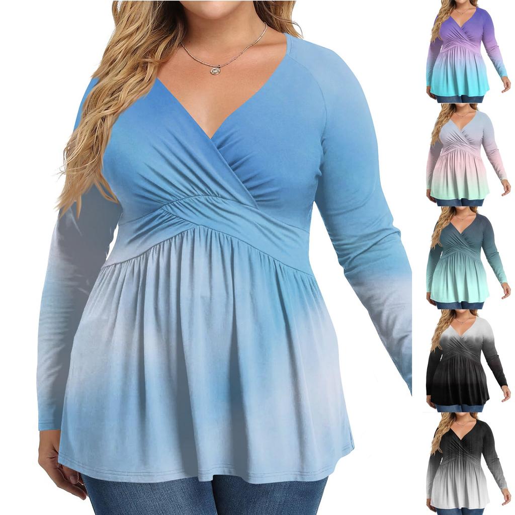 Women's Plus Size Shirt Long Sleeve  Print Top Pleated Casual V-Neck Top