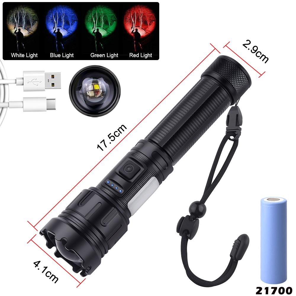 4 in 1 Zoomable Hunting Flashlight 30W 4000LM White+Green+Red+Blue 7 Modes Multi-color Outdoor Waterproof Type-C Charging Torch