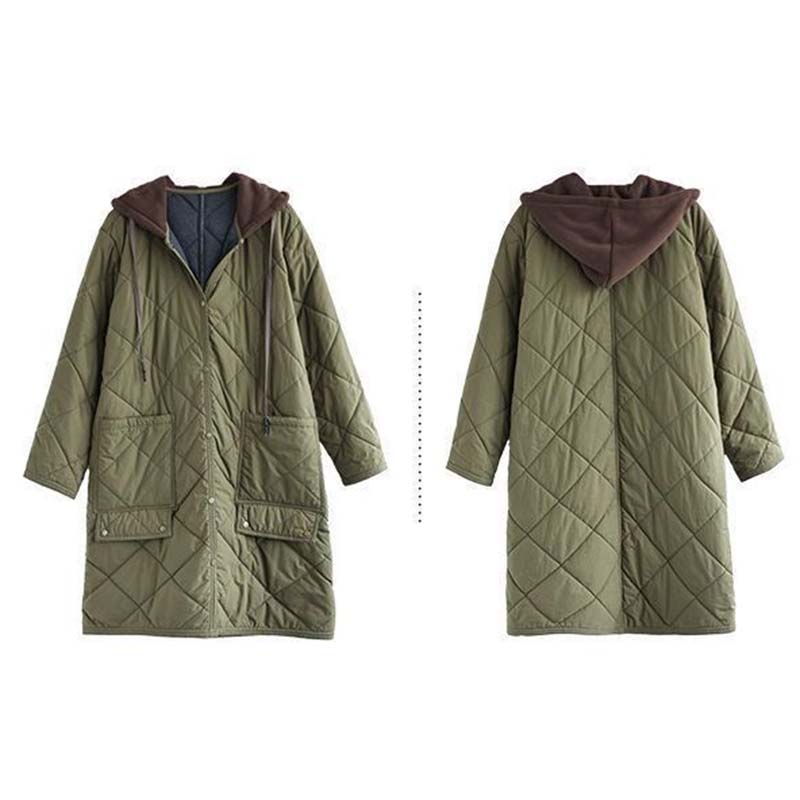 Prošívaná volná bavlněná bunda s kosočtvercovým vzorem dámská s kapucí teplá parka patchworkový design ležérní styl Harajuku na dojíždění jaro a podzim