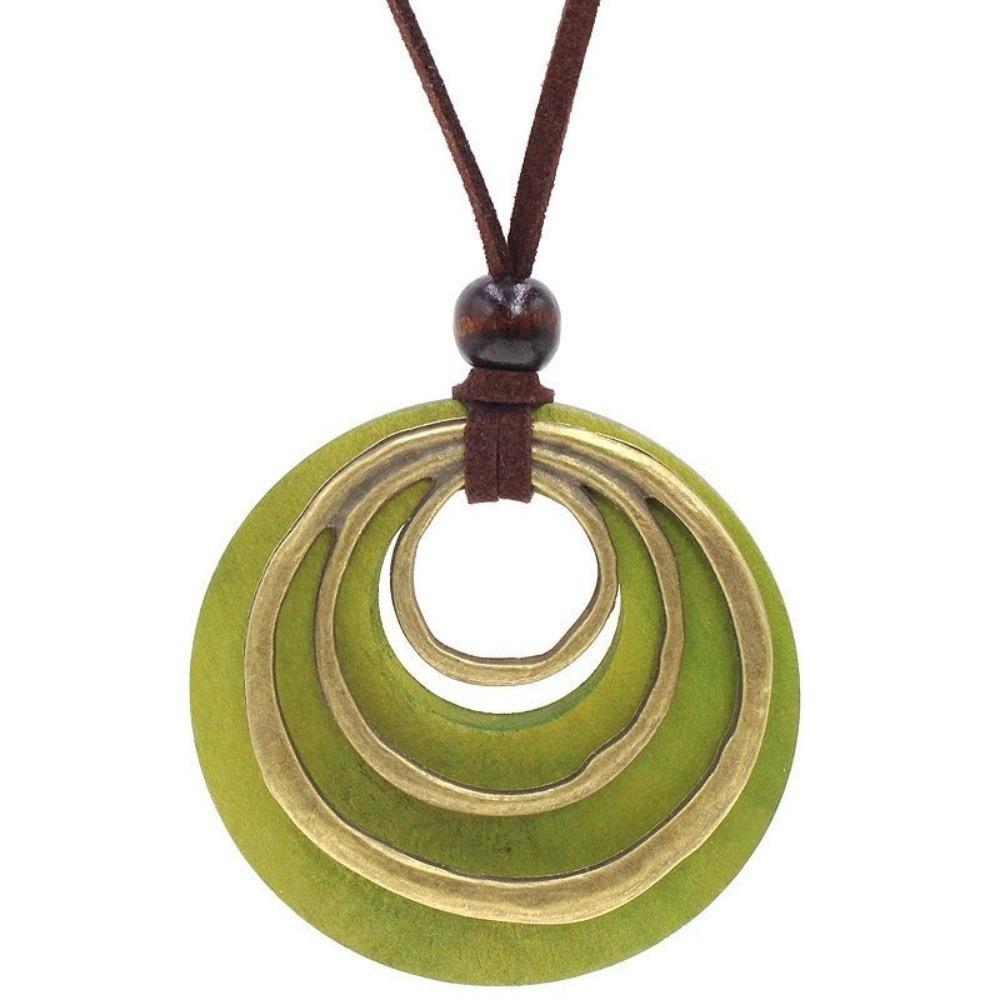 Multilayer Pendant Necklaces Circle Wooden Long Sweater Necklace Leather Cord Chain Jewelry Gifts зелёный