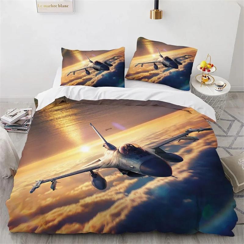 Fighter Plane King Queen Duvet Cover Military Aircraft Theme Bedding Collection Kids Boys Men Sunset Airplane Polyester Comforter Cover