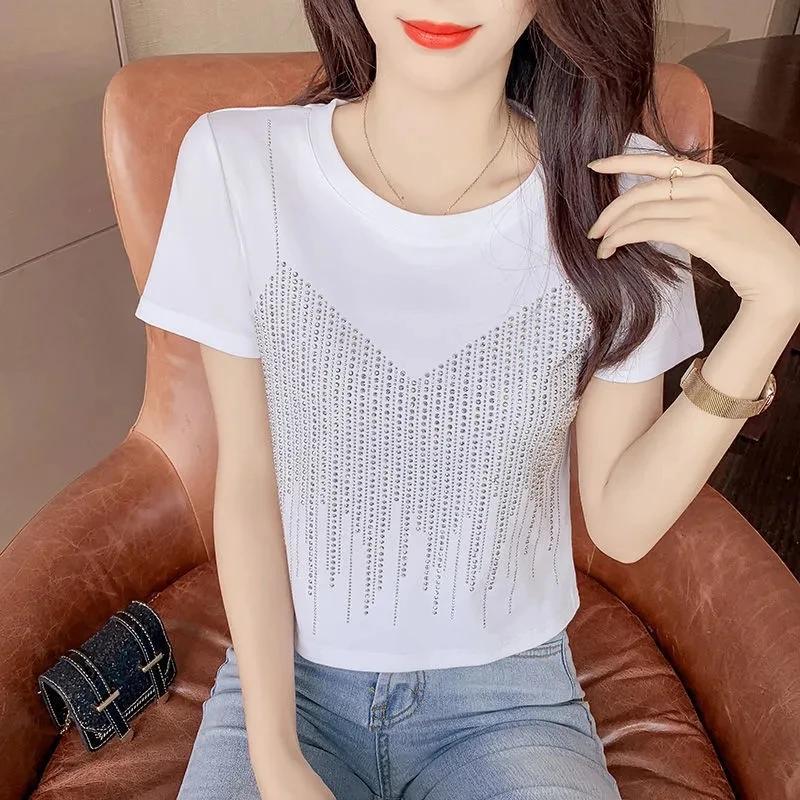 

Diamond Short Sleeve T Shirt Female Slim Fit Fake Two Shiny Round Neck Top Summer Casual Aesthetic Y2k Tee Korean Kawaii Clothes 2XL білий