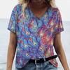 Summer Hot Selling New 2025 Women T-shirt Peacock Feather V-neck T-shirt Printed Women Printed T-shirt Comfortable T-shirt