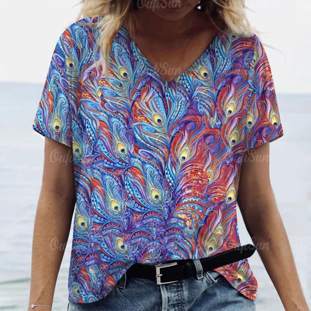 Summer Hot Selling New 2025 Women T-shirt Peacock Feather V-neck T-shirt Printed Women Printed T-shirt Comfortable T-shirt