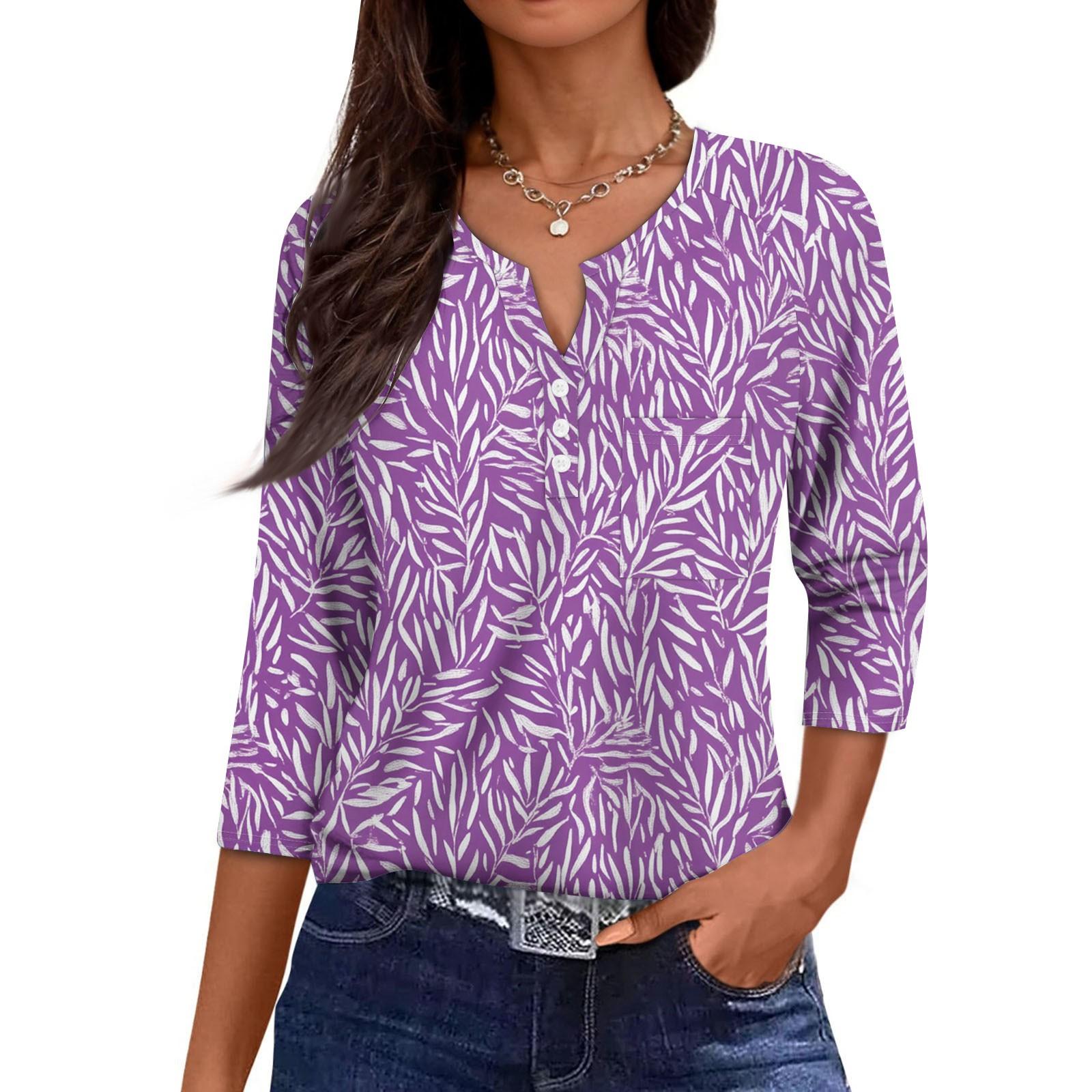 

Женская повседневная мода V-образный вырез свободный универсальный цветочный принт рукава три четверти M фиолетовый