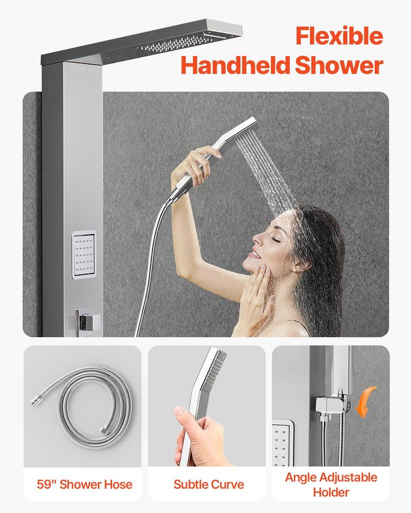 VEVOR Shower Panel Tower System with Rainfall Waterfall Shower Head, 53 in Brushed Stainless Steel Shower Column, 5-Function Faucet