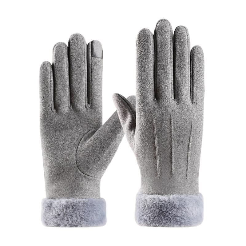 Autumn Winter Warm Suede Gloves Plus Velvet Thickened Plush Decor Cuff Gloves Outdoor Coldproof Touchscreen Riding Ski Gloves