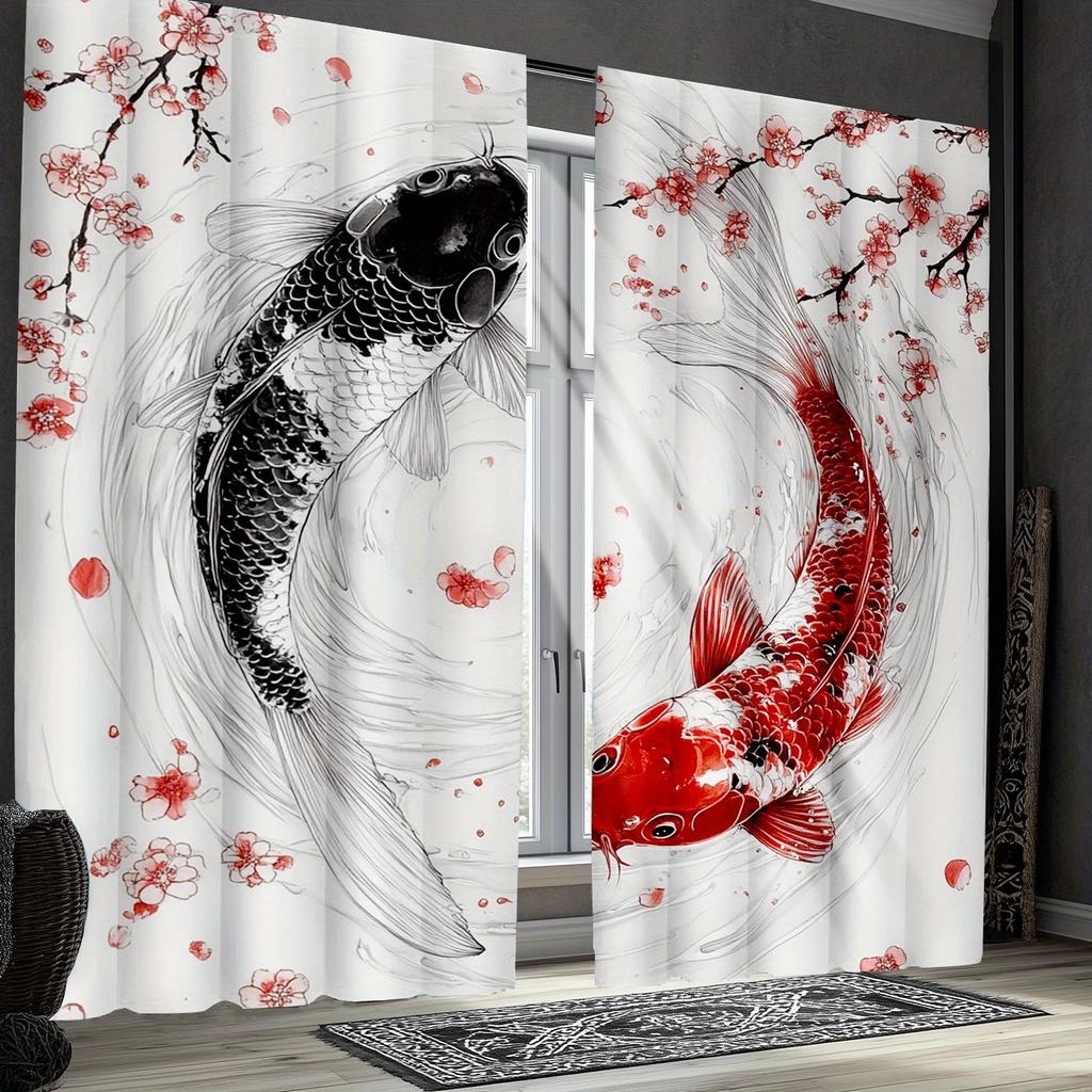 Set Of 2 Artistic Jit Floral Koi Fish Curtains Design Polyester Curtain Window Decor Living Room Darkening With Rod Pocket Ideal For
