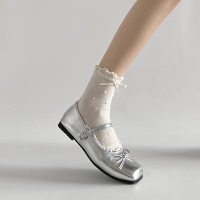 Silver Square Head Ballet Light Mouth Flat Sole Shoes Summer Skirt Mary Jane Shoes
