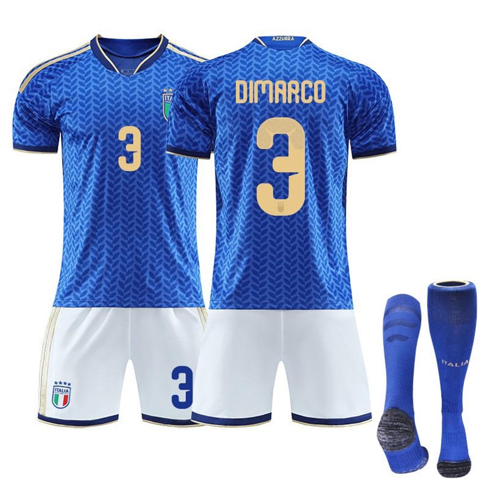 Tieners Kinderen Volwassenen Gepersonaliseerde Naam Voetbaltenues 2026 FIFA Wereldbeker Italië Thuis #3 Dimarco Trainingsshirt Set met Sokken