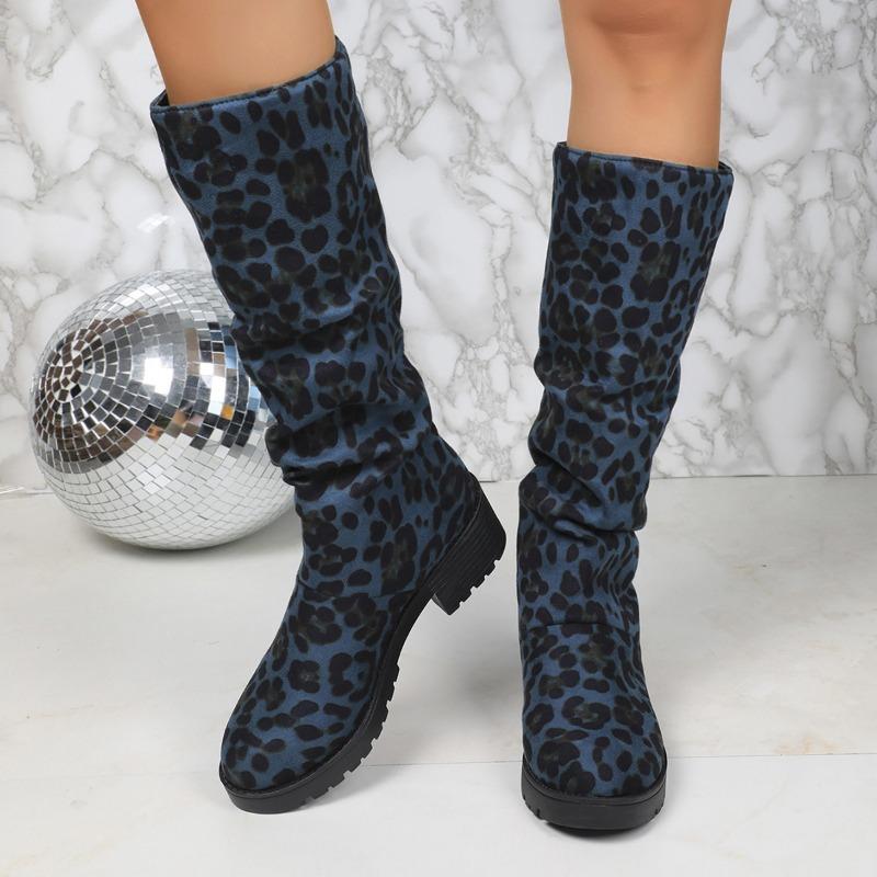 Large Size Leopard Print Suede Thick Heel Fashion Boots Women's Autumn and Winter New Fashion Versatile Wrinkled Stacking Boots