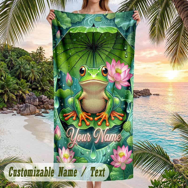 Frog Lotus Fantasy Theme Quick Dry Beach Towel Custom Name Text Print Large Sand Resistant Towel Beach Vacation