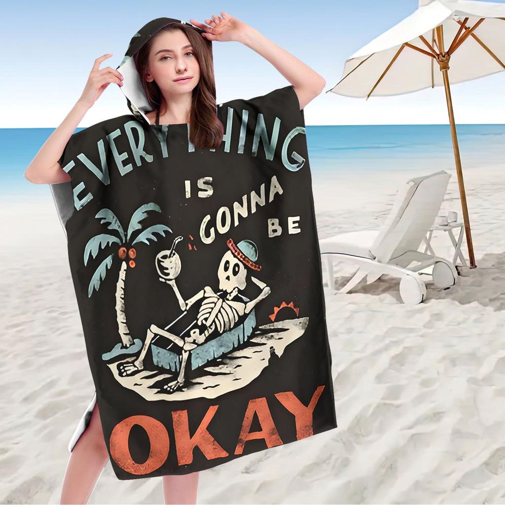 Lustiges Skelett Alles Wird Gut Kapuzen-Strandtuch Flachdruck Schnelltrocknend Poncho Surf-Umkleidebademantel für Herren Damen