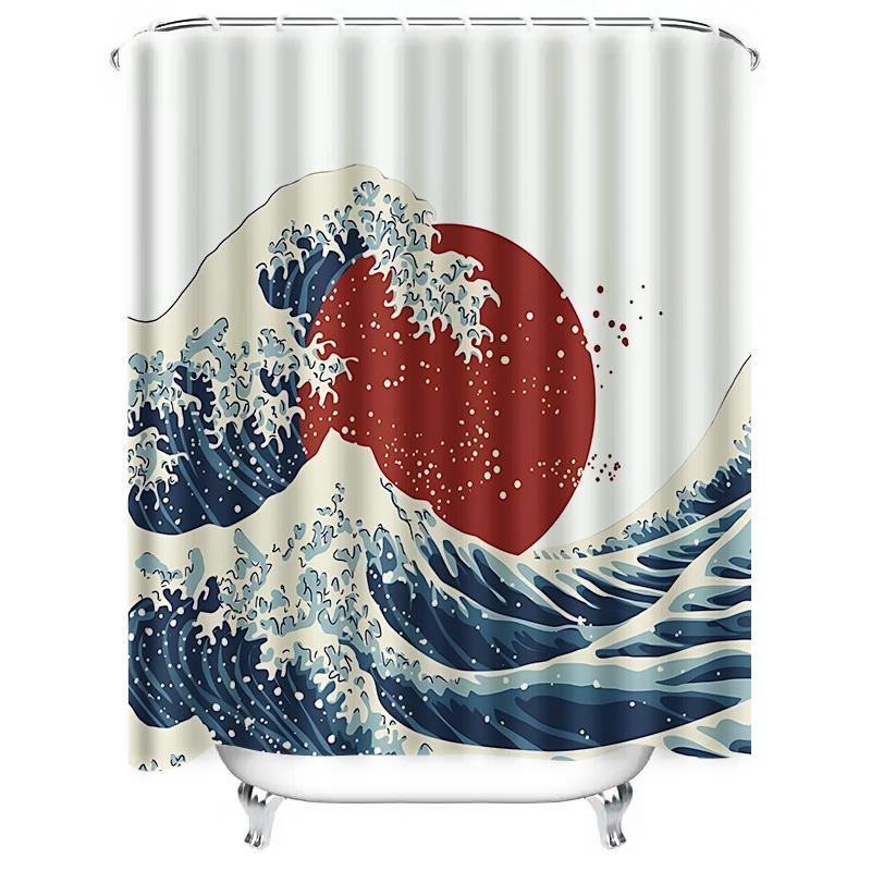 Die große Welle vor Kanagawa Duschvorhang Japanischer Stil Badezimmerdeko Kunstdruck Wasserdichter Polyesterstoff Badvorhang