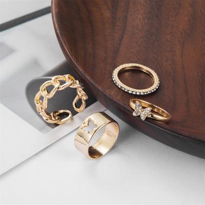 4pcs/set Punk Hollow Butterfly Ring Women Gold Color Zircon Shiny Trendy Jewelry Gift