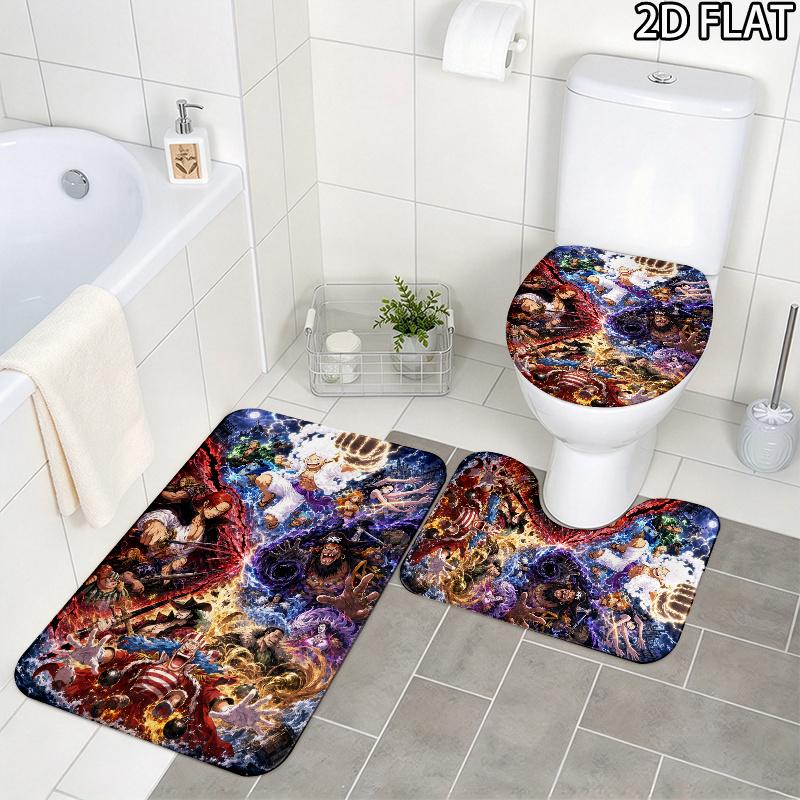 Luffy Anime Pattern 3Pcs Bathroom Rug Set, Non Slip Absorbent Bath Mat, Contour Mat & Toilet Lid Cover, Bathroom Decor