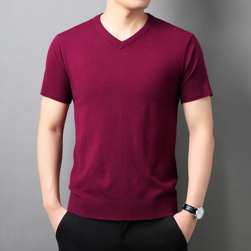 

Men V-Neck Pullover Short-Sleeved Sweater 2026 Spring Summer New Knitwear Solid Color Trend Tops Male Oversized T-Shirts 6Xl 8Xl L вино красного