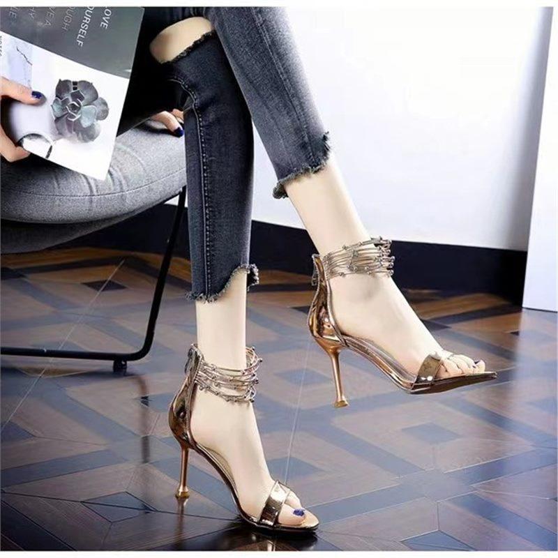 High heels women's 20254 summer new sexy rhinestones European and American gold back zipper open-toed stiletto sandals women