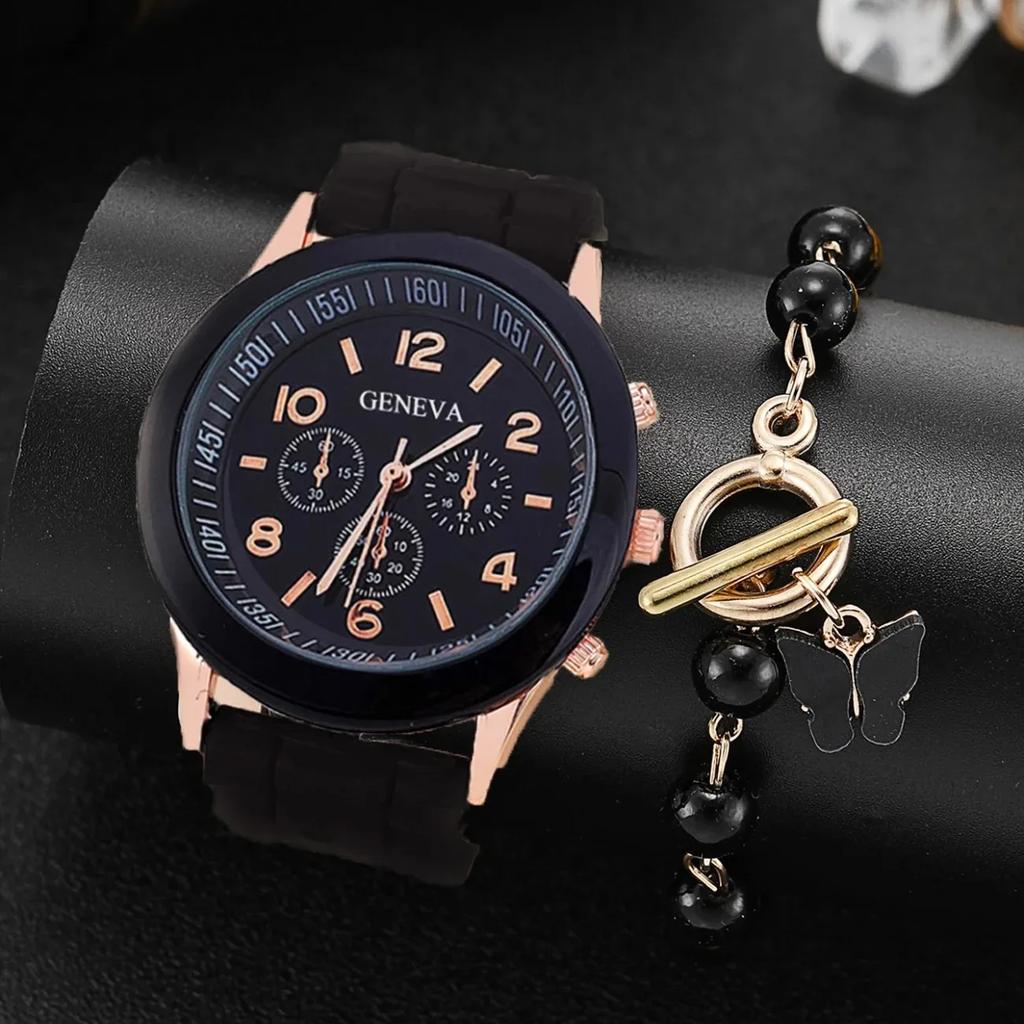 2pcs-Women's Watches Casual Silicone Band Analog Quartz Watch Heart Pearls Jewelry Set(Without Box)