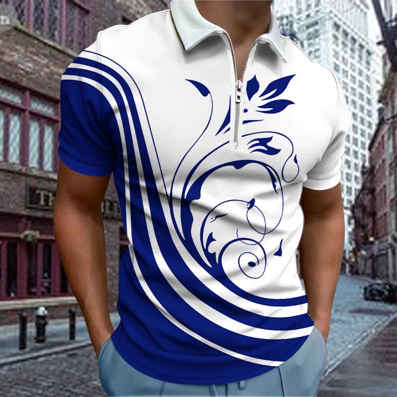 

Повседневная футболка с лацканами, молодежная модная футболка с застежкой-молнией, футболка с коротким рукавом, мужская черная полосатая футболка с цветочным принтом 3D XXL синий