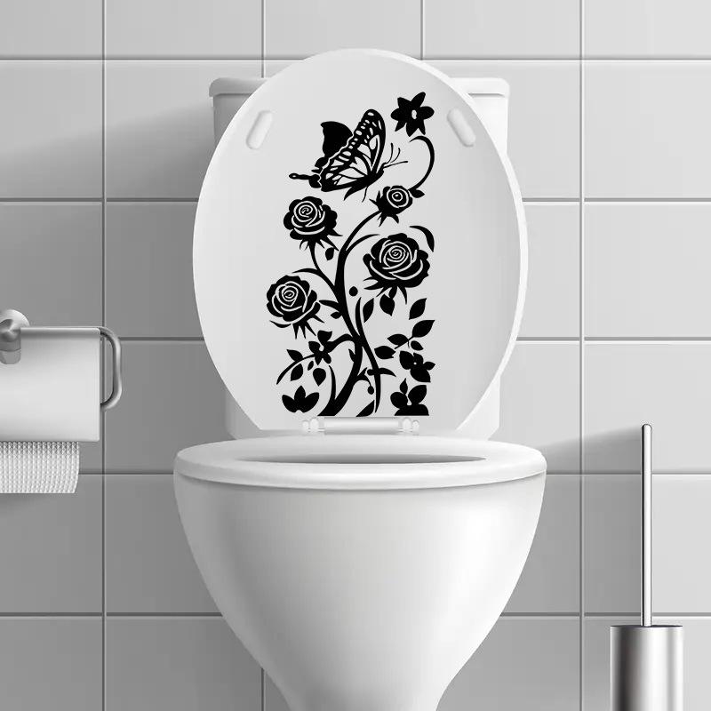 Vintage Black Floral Vine Butterfly Toilet Wall Sticker Self-Adhesive Waterproof Removable Bathroom Elegant Home Decor Art