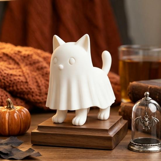 Collectible Kitten Sculpture Ghost Cat Figurine, 3D Printed Cute Cloak Kitty Sculpture, Minimalist Halloween Unique Table Centerpiece Tabletop Decor,