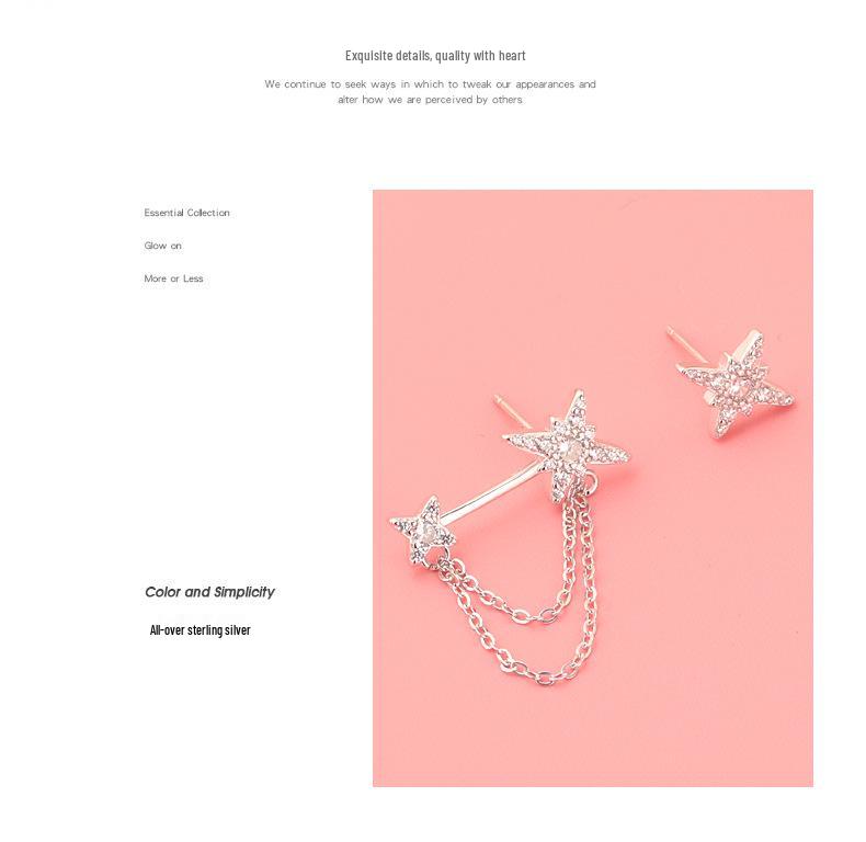 S925 Sterlingsilber Asymmetrische Stern Diamant Ohrstecker mit Kette für Damen - Mori Stil