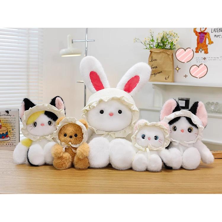 Cute Baby Hat Bear Plush Toy Children Sleeping Comfort Rabbit Pillow Cat Doll Home Decoration