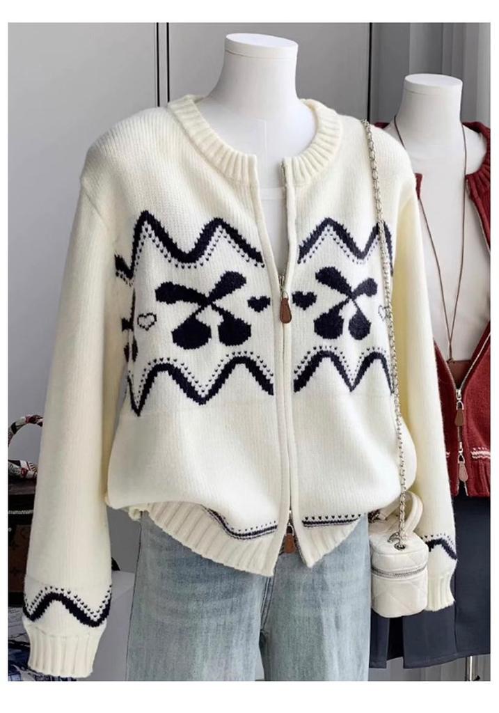 Women's Fair Isle Cashmere Jacquard Cardigan – Autumn/Winter, Thick, Round Neck, Zipper Wool Coat