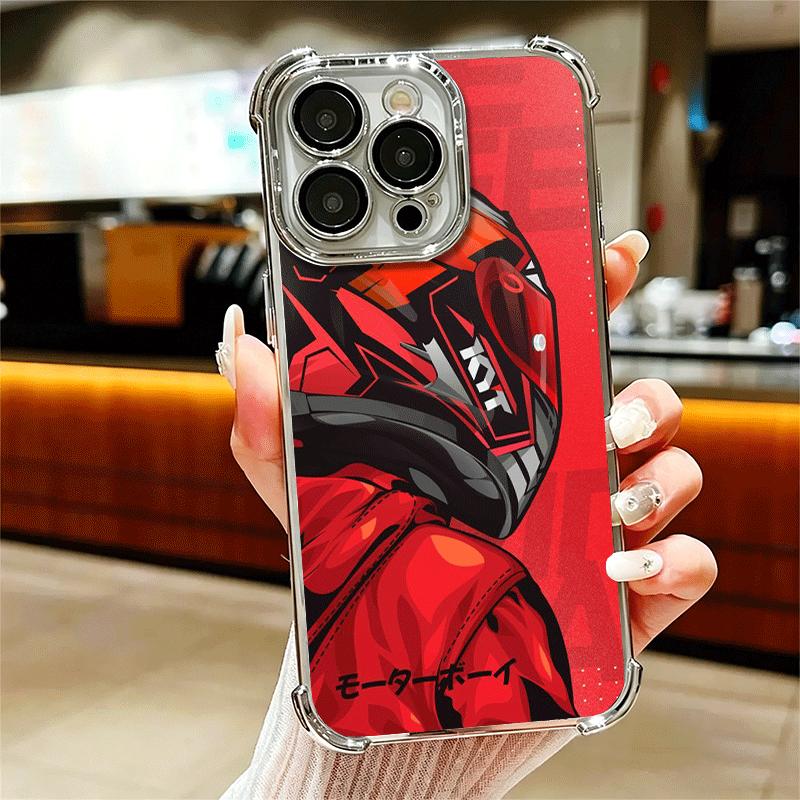 

Motorcycle Rider Helmet Soft Phone Case For iPhone 15 16 17 Air 14 Pro Max 16E Plus 13 12 Mini Plating Anti-Fall Fundas iPhone 16E