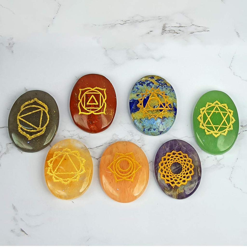 Reiki Crystal Products Certified 7 Chakra Symbol Engraved Set, Seven Chakra for Reiki Healing, Good Luck and Positive Energy, Prosperity, Money,