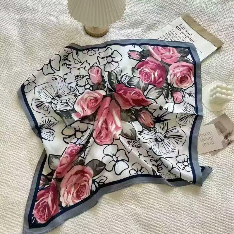 Neuer 70 * 70 cm quadratischer Schal im koreanischen Stil, Seidenschal, Ganzjahres-Sonnenschutzschal, Tasche binden, Stirnband, vielseitig