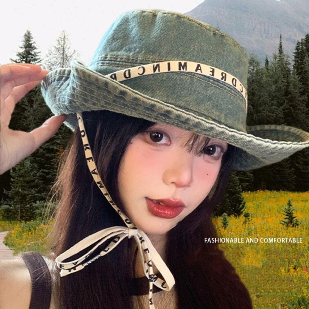 Letter Denim Bucket Hat With Tie Belt Sunscreen Hat Sweet Jeans Fisherman Hat Outdoor