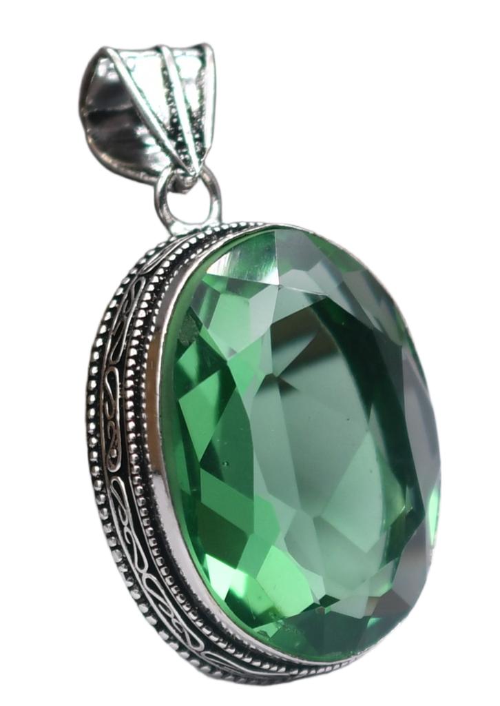 Green Quartz Hydro Gemstone Antique Silver Plated Pendant 2.25" J 2124