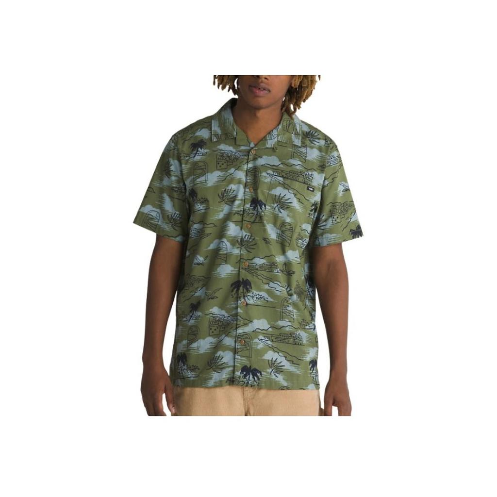 Vans Davista Buttondown Shirt Graffiti Print Short Sleeve Men Shirts Olive-Green VN000G7GAMB